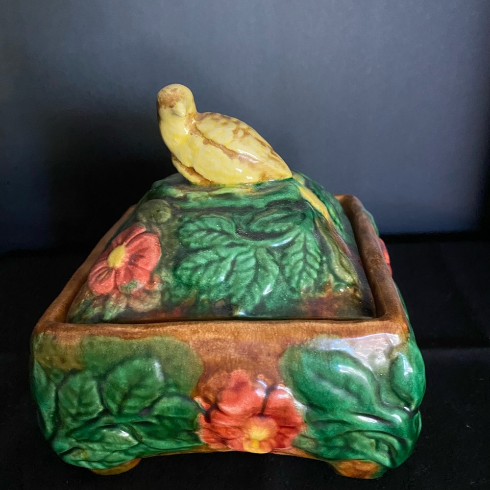 Vintage Majolica Floral Box with Yellow Bird